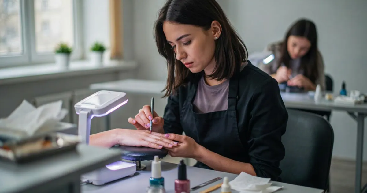 Students training in a nail tech program