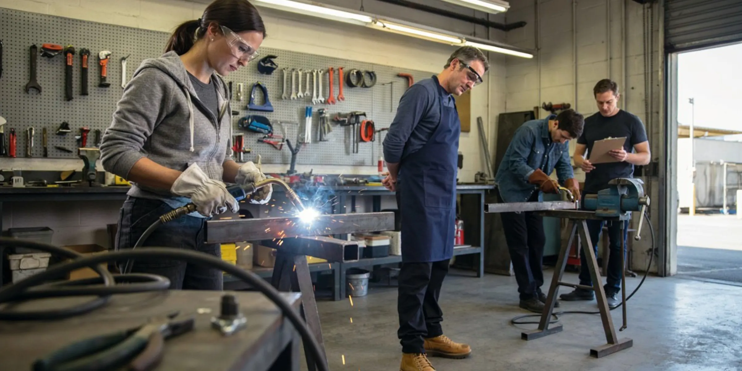 A student welding at a trade-school bench while an instructor watches